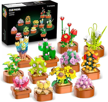 12 Pack Flowers Succulents Mini Building Set - 1403PCS Flower Botanical Collection for Home Office Décor 3.6MM Plant Blocks Toy Easter Birthday Gifts for Adults Women Kids Girls10+