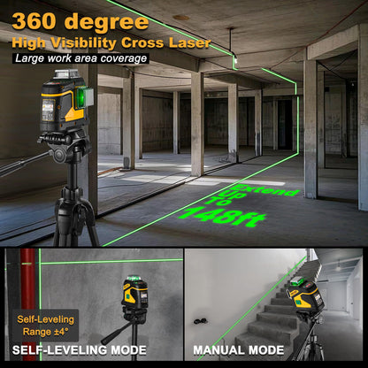 PREXISO Laser Level 3 X 360° Self Leveling with 47 In. Tripod, IP54 Rechargeable 100Ft Green Lazer Leveler Tool for Construction, Home Renovation with Magnetic Base, Battery Adapter, Case, Accessories