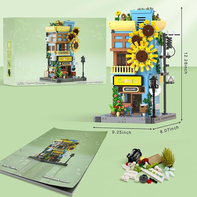 Sunflower House Building Set with LED Light 3-Story Japanese Street View House Blocks 1580PCS Creator Architecture Model Building Kit Home Office Decor Gift for Adults