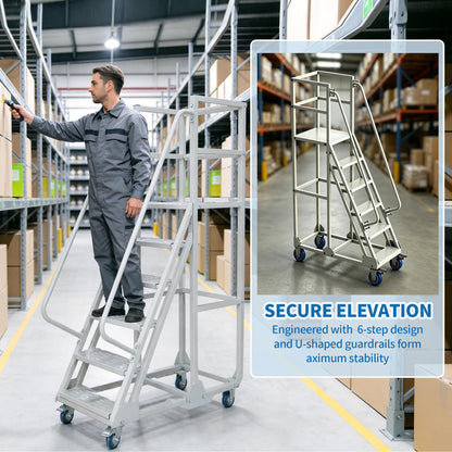 6-Step Rolling Ladder with Handrails Lockable Wheels, Rolling Stairs with 51" Heigh Anti-Slip Platform with Fencehail, Industrial Platform Ladder for Supermarket Warehouse Factory, 19.6" W x74.7 H