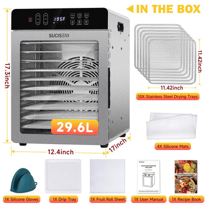 SUCICENI Food Dehydrator for Jerky, 10 Stainless Steel Trays 9ft² Dehydrator Machine, 1000W Dehydrator with 24H Timer 195℉ Temperature Control for Meat, Fruits, Veggies, Dog Treats
