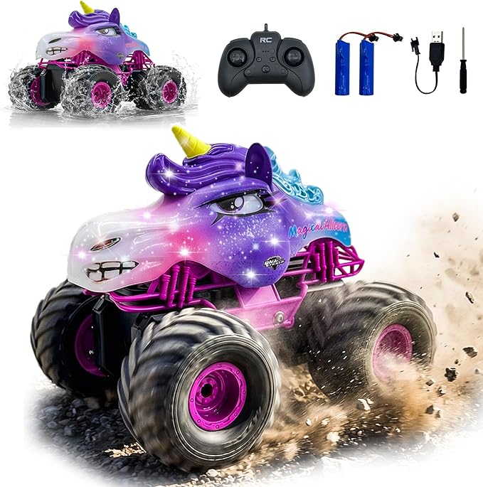 Unicorn RC Car for Girls 1:18 Amphibious Off-Road Remote Control Truck with LED Lights All-Terrain Monster Vehicle 2.4GHz High Speed Crawler Hobby Toy with 2 Batteries Birthday Gift Toys for Kids 6-12