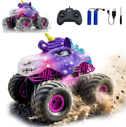 Unicorn RC Car for Girls 1:18 Amphibious Off-Road Remote Control Truck with LED Lights All-Terrain Monster Vehicle 2.4GHz High Speed Crawler Hobby Toy with 2 Batteries Birthday Gift Toys for Kids 6-12