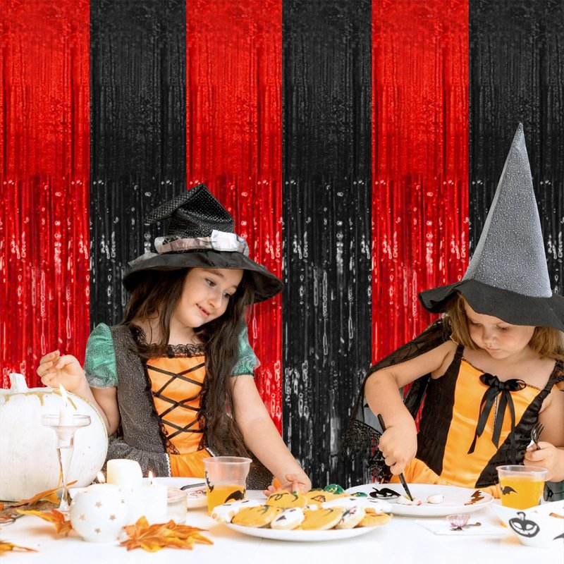 5 Pack Black and Red Party Backdrop Streamers Decorations Foil Fringe Curtains Metallic Tinsel Backdrop for Birthday Halloween Christmas New Year Fancy Ball Graduation Party Decor