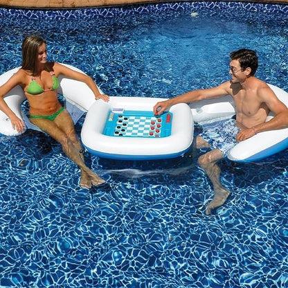 SWIMLINE ORIGINAL Inflatable Game Table Station With Waterproof Playing Cards &amp Two Inflatable Sling Chairs W/ CupHolders | Double Sided Game Set | Poker &amp Card Games | Chess &amp Checkers