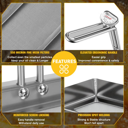 AF45 Commercial Deep Fryer Filter with Thermometer, 13.75" x 13.75", 304 Stainless Steel, Capture Grease & Debris Above 550 Microns, Extend Oil Life by 40%, Ideal for Commercial Kitchens & Restaurants
