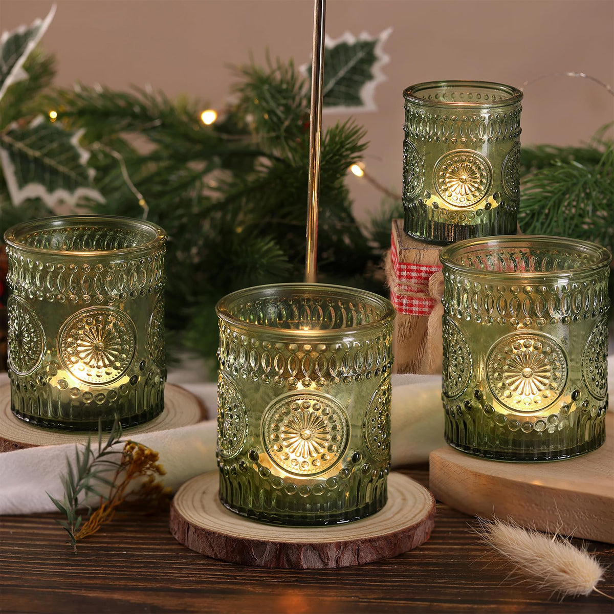 DEVI 8oz Empty Green Embossed Glass Candle Jars for Making Candles Set of 8, Bulk Empty Candle Containers, Glass Tins Making Supplies for Gifts, Wedding Decorations