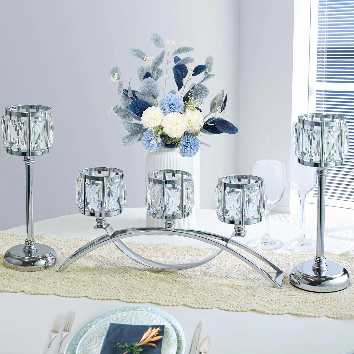 KEHAIL 3 Arms Crystal Candle Holders, Arch Candlestick Table Candelabras Centerpieces for Wedding, Dinning Room, Cabinet Ornaments, Home Decoration， Gift (3-arm Arched Set, Silver)