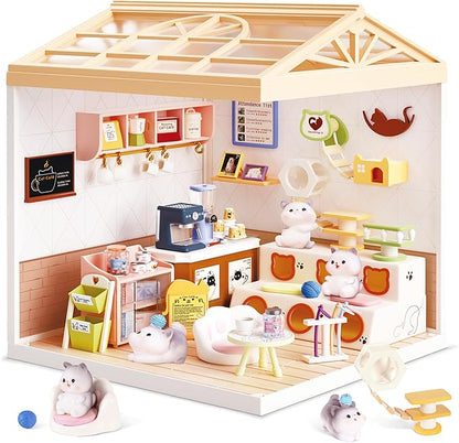 DIY Miniature House Kit with LED Lights Whimsical Cat Cafe Miniature Kit with Roof &amp Dust Covers for Teens DIY Coffee Shop with Cats &amp Furniture Creative Christmas Decoration Gift Idea