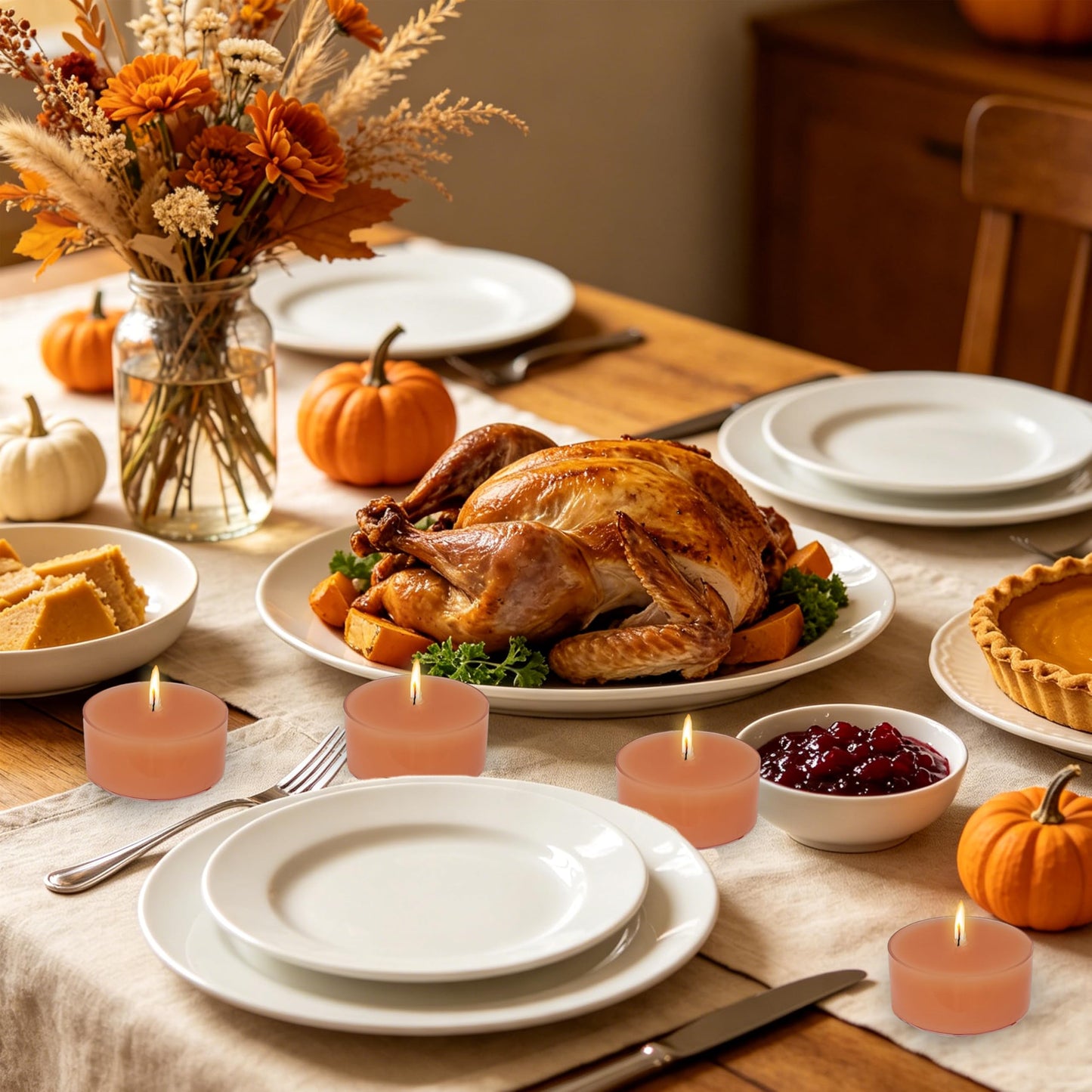 Terracotta Tea Candles Tea Lights Smokeless Pumpkin Scent Tealight Candles Handmade Tealights Set of 24 Long Burning for Wedding Meditation Dinner Home Decor
