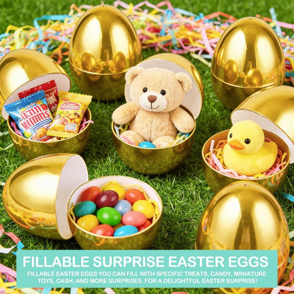 TURNMEON 24 Pack Golden Easter Eggs Empty, 2.36" Shiny Metallic Plastic Easter Eggs Fillable Surprise Gold Eggs for Easter Egg Hunt Fillling Candy Treats Toys Basket Stuffers Classroom Prize Supplies
