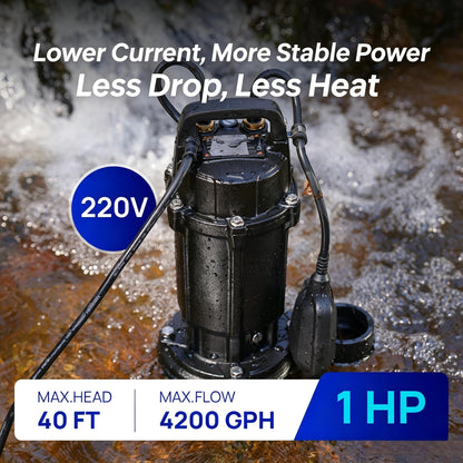 Aquastrong 1 HP Sewage Grinder Pump, 4200 GPH Sewage Pump 2 inch Discharge, Cast Iron Sump Pump Submersible with Auto Float Switch for Basement Sump Basin and Sewage Well, Dark