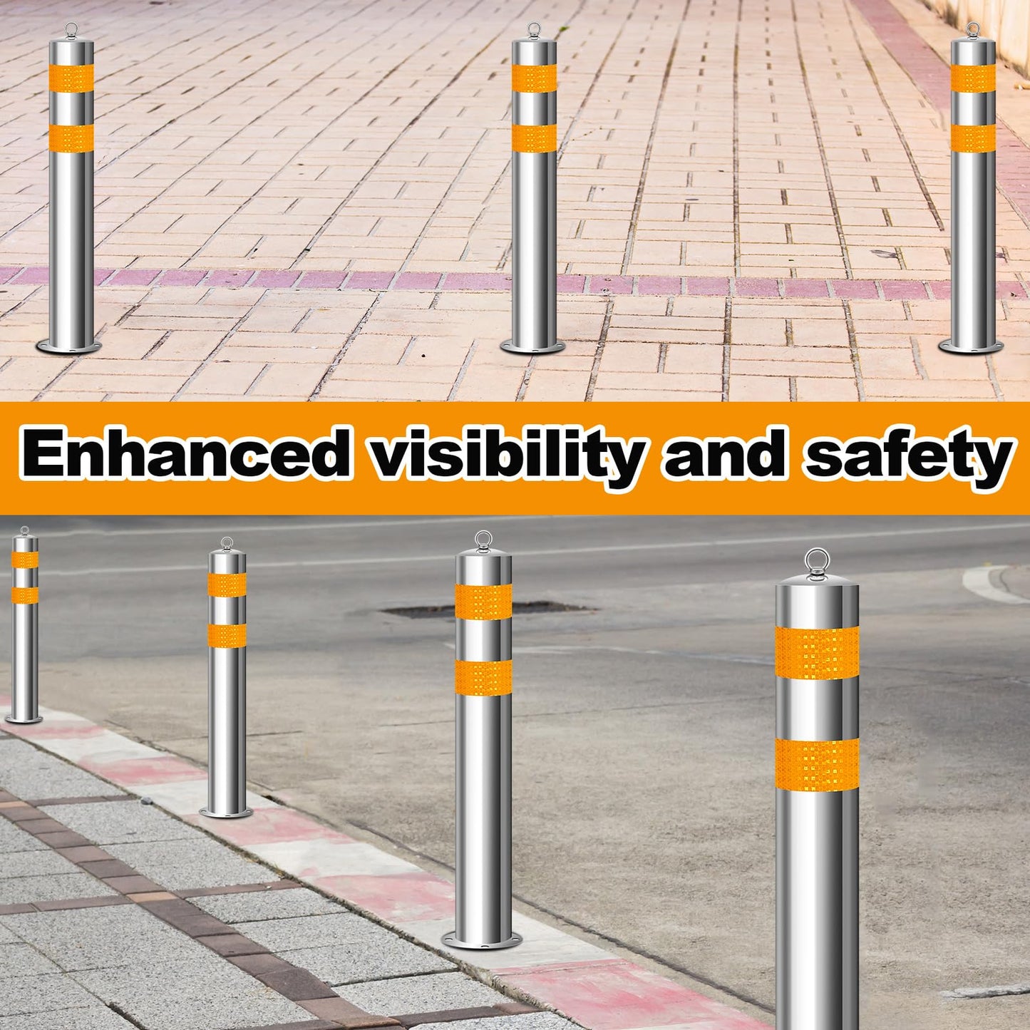 Yaocom 31.5 Inch Stainless Steel Bollard Post with Anchor Bolts Parking Barrier Block Safety Bollard Covers with Reflective Strips and Hanging Ring for Parking Lots Driveways Garage Pathways(4 Pcs)