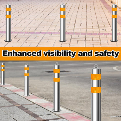 Yaocom 31.5 Inch Stainless Steel Bollard Post with Anchor Bolts Parking Barrier Block Safety Bollard Covers with Reflective Strips and Hanging Ring for Parking Lots Driveways Garage Pathways(4 Pcs)