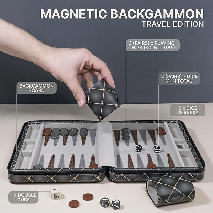 Magnetic Travel Backgammon Sets for Adults - Quality PU Leather Backgammon Board Game for Adults and Kids - 14 Gift for Man Backgammon Board with 32 Magnetic Pieces in PU Leather Case