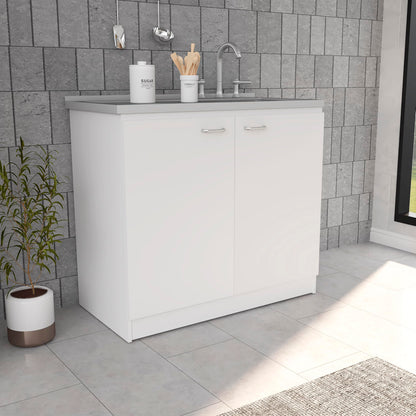 DEPOT E-SHOP Salento Utility Freestanding Sink with Cabinet 35.4" H x 39.3" W - Double Door, Two Shelves, Metal Handles, Aluminum Countertop, White, with Integrated Steel Sink
