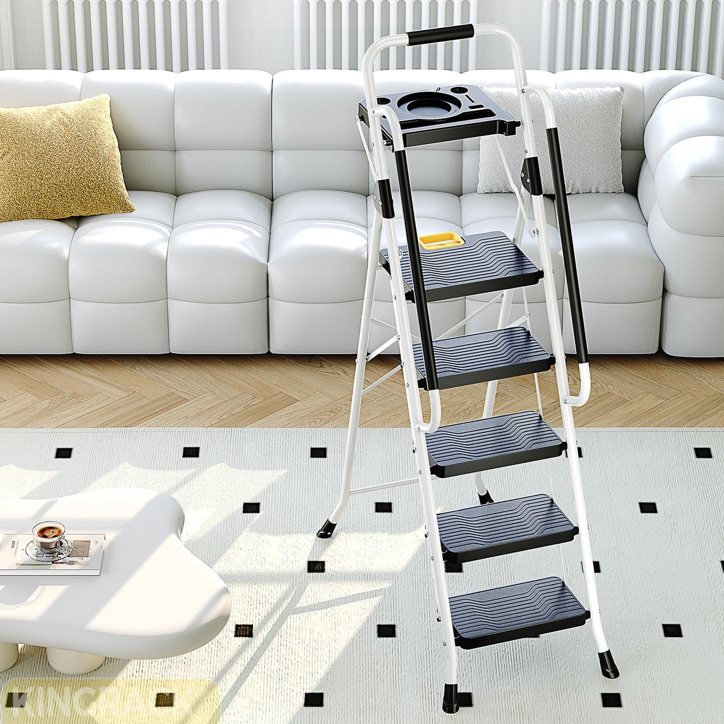 KINGRACK Folding 5-Step Ladder, 800 lbs Capacity Step Stool with Safety Lock, Tool Tray, Non-Skid Wide Steps, Handrail, Household Folding Ladder for Home, Garden, Painting, Outdoor, and Garage, White