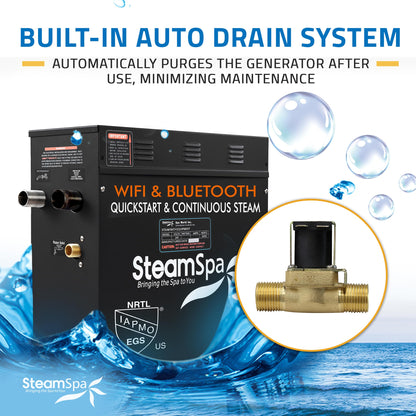 SteamSpa Steam System 12kW Steam Shower Generator with Bluetooth Wifi, Quickstart Continous Steam, Advanced Touch Pad Screen, Chroma Lights, Drain Pan and Auto Drain Gold RVBS1200GD-A