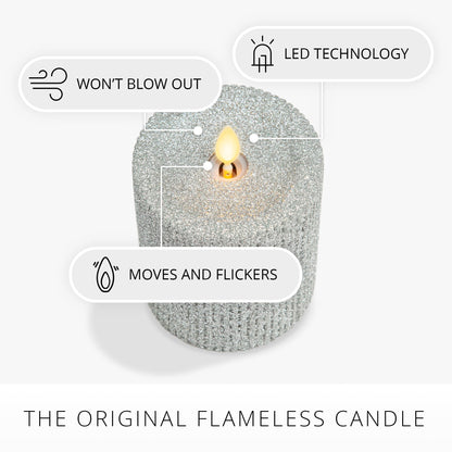 Luminara Brilliant Silver Glitter Ribbed Flameless LED Candle Moving Flame Pillar, Real Wax, Flat Top, Timer (3.25" x 4.5")