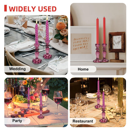 Glass Candle Holders, 2PCS Wide Base Candlestick Holder Decorative Candle Stand Table Centerpieces for Halloween Christmas Wedding Birthday Party, Dark Purple
