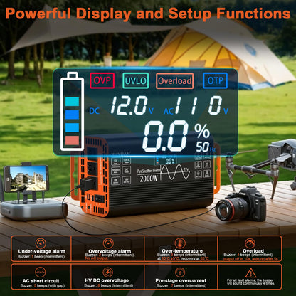 2000 Watt Pure Sine Wave Inverter,12V DC to 110V AC Power Inverter with 3 AC Outlets & 2 USB Ports, for Home Emergency, Solar System, Off-Grid Cabin