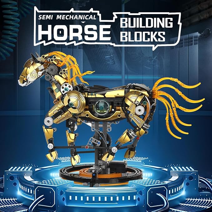 Mechanical Horse Building Blocks Linkage Kit Animal World Model with Lighting &amp Display Stand STEM Toy DIY Desktop Ornament for Boys Ages 12+ Adult Collectors Unique Birthday Gift Idea