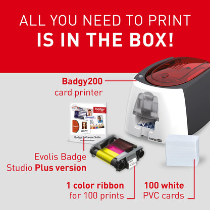 Badgy200 Plastic Card Printer with Badge Studio+ ID design software for full color, custom, tamper proof ID badges in seconds