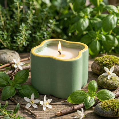 Basil & Nerde Scented Candle 9oz - CW Studio Flower-Shaped Ceramic Jar with Dust Cover, Up to 45 Hour Burn, Palm & Paraffin Wax, Clean Burn - Kraft Paper Box for Home Decor & Gift Giving