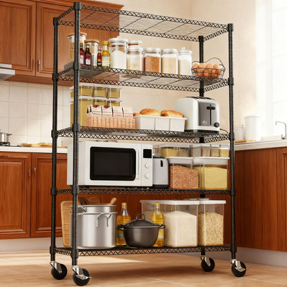 M MZG 1750LBS 47.2" W 5 Tiers Storage Shelves Metal Shelving Unit with Wheels Heavy Duty Garage Shelving Adjustable Wire Shelves for Pantry,Kitchen,Garage,Basement,Black 17.7" D x 47.2" W x 76.8" H