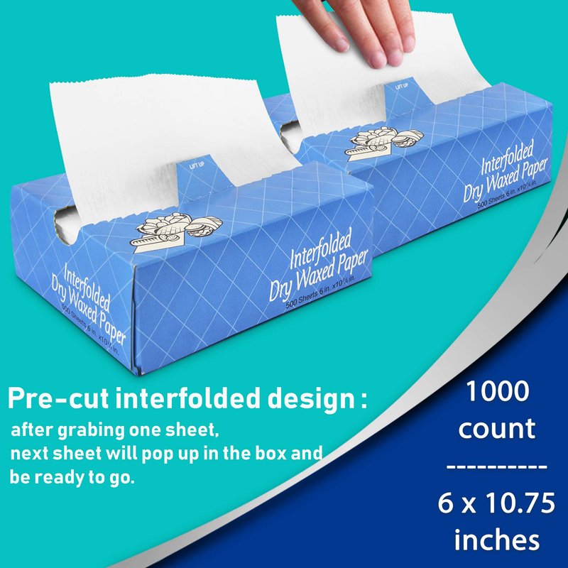 Fit Meal Prep 1000 Sheets 6 x 10.75” Dry Wax Paper Sheets for Food, Greaseproof Sandwich Wrapping, Interfolded Deli Wax Paper for Fries, Burgers, Food Basket, Made in USA