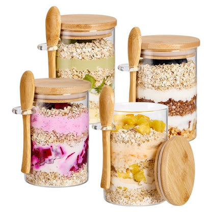 4 Pack Overnight Oats Containers with Bamboo Lids and Spoons - 22 oz Airtight Glass Jars with Lid, Meal Prep Jars for Chia Pudding, Yogurt, Salad, Cereal, Coffee, Flour | Food Storage Canister