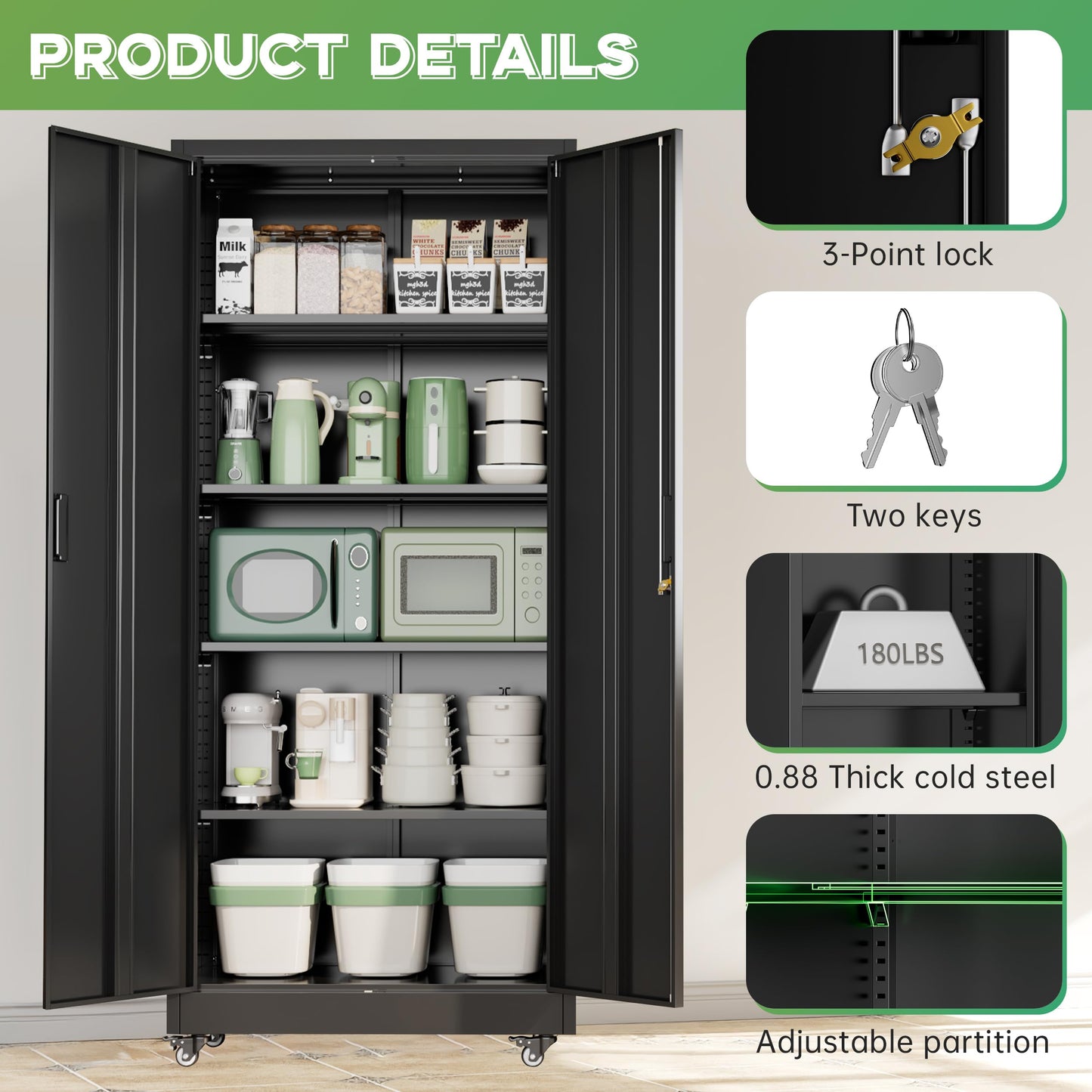 INTERGREAT Metal Storage Cabinet with Wheels, 73" H Rolling Metal Cabinets with Doors and Shelves, Black Steel Lockable Cabinet on Wheels for Garage Storage