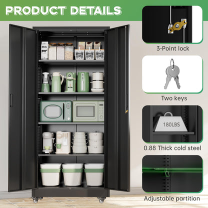 INTERGREAT Metal Storage Cabinet with Wheels, 73" H Rolling Metal Cabinets with Doors and Shelves, Black Steel Lockable Cabinet on Wheels for Garage Storage