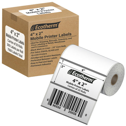 4" x 2" Mobile Printer Labels | 25 Rolls | 7500 Labels | fits Zebra ZQ630, QL420, and QLn420 Printers | Black Mark On Liner | .75" Core Rolls | by Ecotherm