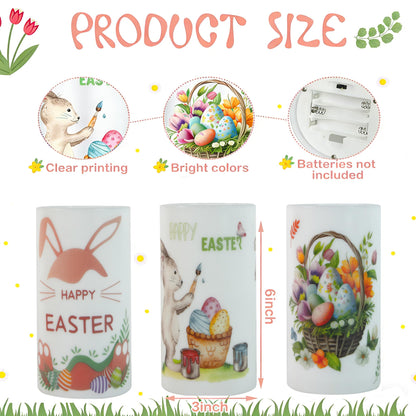 Aulaygo 3PCS Easter Flameless Candles with Remote Control,Happy Easter Bunny Flower Rabbit Spring LED Candle Battery Operated for Easter Theme Party Home Decor,Mother's Day Decor