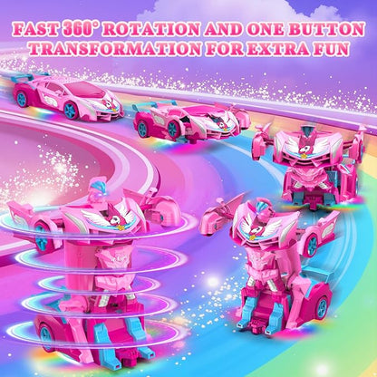 Unicorn Transform RC Cars for Girls Toys with Rainbow Eyes &amp Underbody Lights Fast 360°Rotation &amp 2.4GHz Robot Remote Control Car One-Button DeformationEaster Basket Stuffers for 3-12 Year O