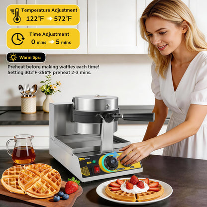 Dyna-Living Commercial Waffle Maker Belgian Waffle Iron for Restaurant, 1200W Flip Professional Waffle Maker Non-Stick Electric Restaurant Waffles Machine for Bakery Snack, 122℉-572℉ Temp Adjustable