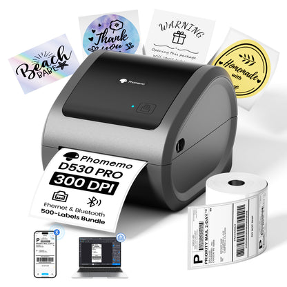 Phomemo 300 DPI 4x6 Thermal Shipping Label Printer with 500 Labels, Ethernet Bluetooth USB, High Resolution Thermal Printer for Small Business, Compatible with iOS Android Windows Mac, for USPS UPS