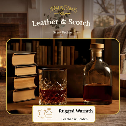 McCall’s Candles | Leather & Scotch | 16 oz Single-Wick Scented Candle | USA-Poured | Vintage Rustic Jar with Carrying Handles | Leather & Scotch Fragrance