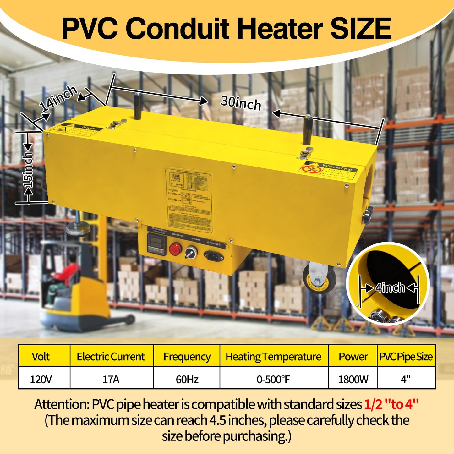 1/2" to 4" Electric PVC Pipe Heater with Power Indicator & Transport Wheels - 1800W 120V Digital Temperature Control Bending Tool for Electrical Conduit & Plumbing Pipes