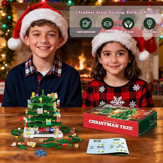 2025 Christmas Tree Building Blocks Kit Christmas Tree Toy Bricks Creative Home Decor Building Toys for 14+ Year Old Boys/Girls 869Pcs Deep Green