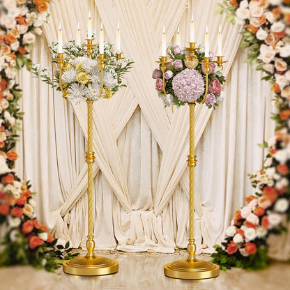 mopam 2 Pcs Floor Candelabra 50 Inch Gold Candelabra Centerpiece 5 Arms Floor Standing Candelabra Gold Candlestick Holder Antique Candle Holder Decorative for Party, Ceremony, Wedding (Line Styling)