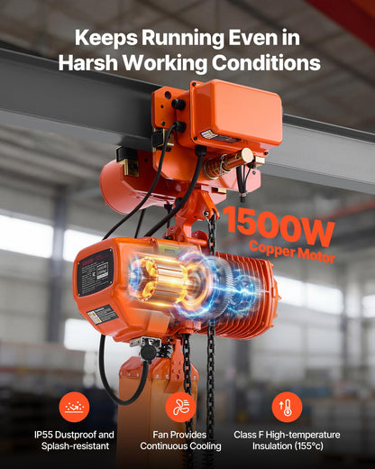 VEVOR 4400lbs Electric Chain Hoist with Power Trolley, 2-Speed Operation, 20ft Lifting Height, 3-Phase 208-240V/440-480V Overhead Crane w/ 328ft Wireless & 16ft Wired Remote Control G100 2-Chain Hoist