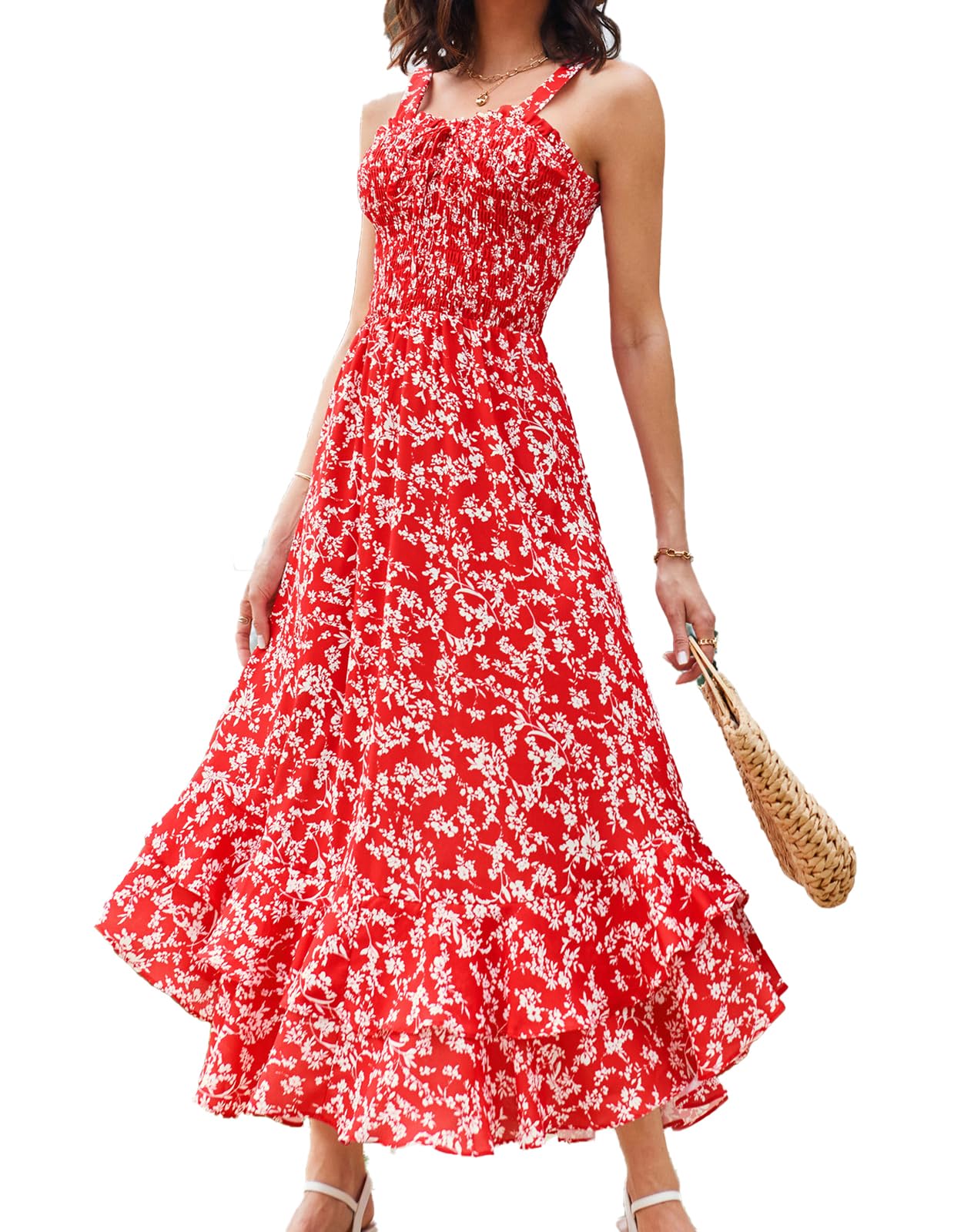 GRACE KARIN Women's 2025 Summer Floral Boho Dress Square Neck Strapped Swing A Line Sundress Beach Long Maxi Outfits