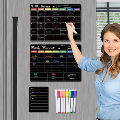 Hivillexun Magnetic Black Dry Erase Calendar White Board Set (3-Pack) - Monthly, Weekly Planners & Daily Notepad for Fridge, Home & Office, Includes 8 Markers