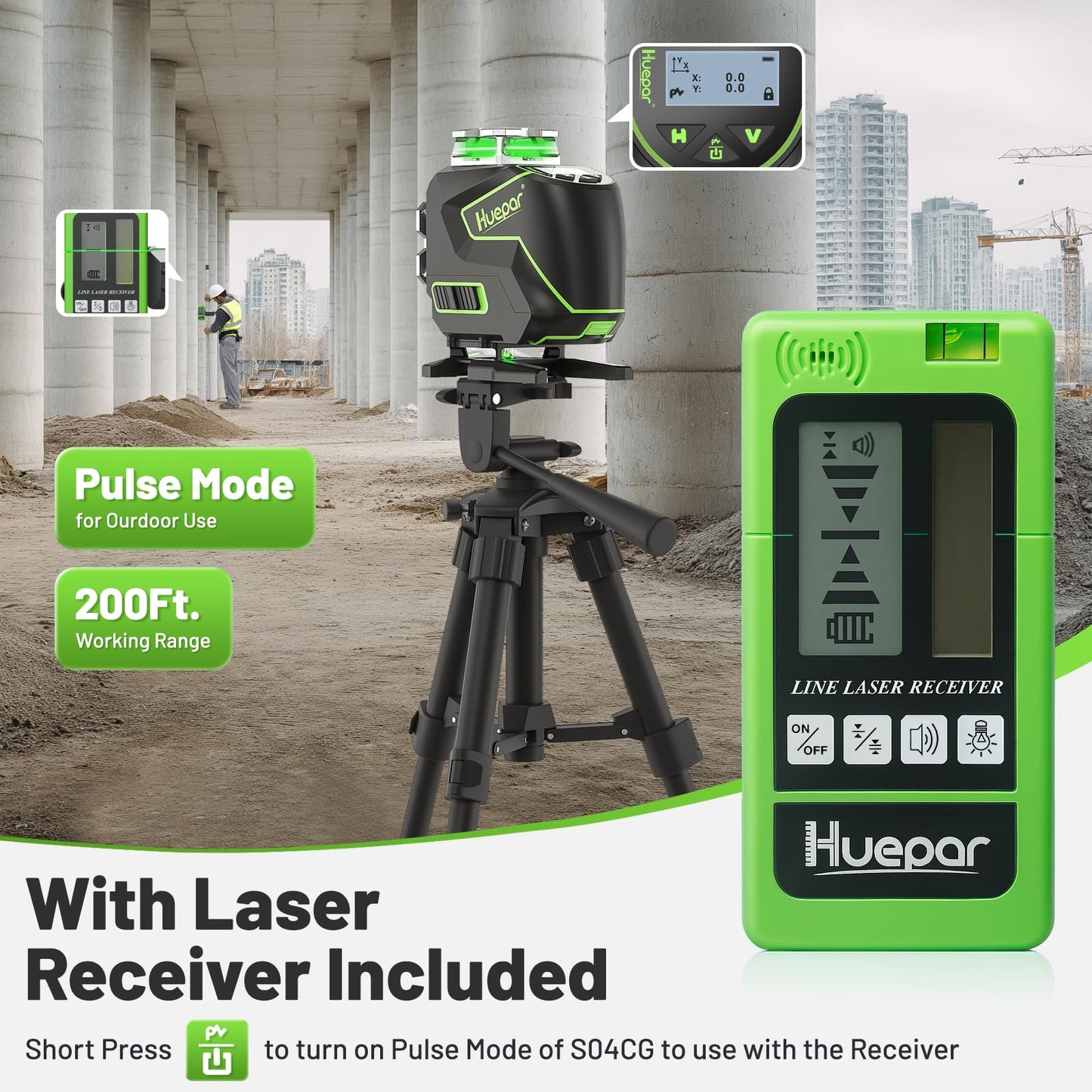 Huepar Laser Level 360 Self Leveling, 4x360° Green 4D Cross Line Laser with Receiver&LCD Screen, Bluetooth Outdoor Pulse Mode 16 Lines Laser Tool Kit for Construction, Remote Control Included -S04-5RG