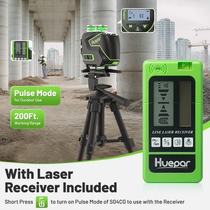 Huepar Laser Level 360 Self Leveling, 4x360° Green 4D Cross Line Laser with Receiver&LCD Screen, Bluetooth Outdoor Pulse Mode 16 Lines Laser Tool Kit for Construction, Remote Control Included -S04-5RG