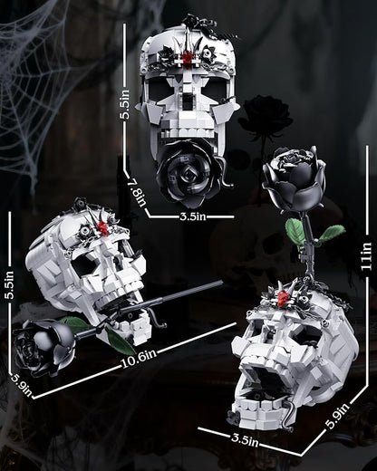 Skull Black Rose Flower Building Set 3 in 1 Gothic Horror Decor Botanical Artificial Flowers Collection Toys Ideal Home Office Decoration &amp Christmas Valentine's Day Gifts for Adults Women