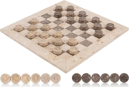 Marble Checkers Set 15 Inches Handmade Travertine &amp Oceanic Checkers Board Game with Checker Pieces - Board Games for Adults Game Table Accessories Gifts &amp Home Décor