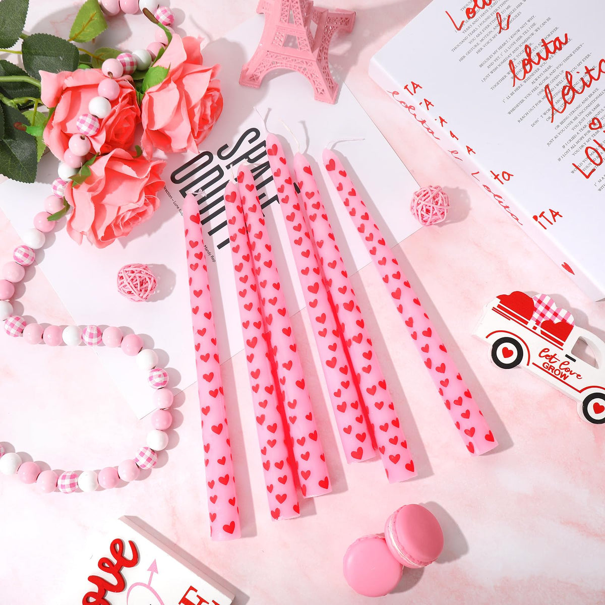 JarThenaAMCS 6Pcs Valentine Taper Candles 10 Inch Pink Red Heart Decorative Candles Long Unscented Candle Sticks for Birthday Wedding Anniversary Party Home Table Decor
